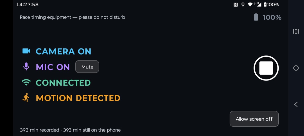 Race Recorder status board: CAMERA ON, MIC ON, CONNECTED, MOTION DETECTED, with a do-not-disturb notice, battery percentage, stop button and footage counter