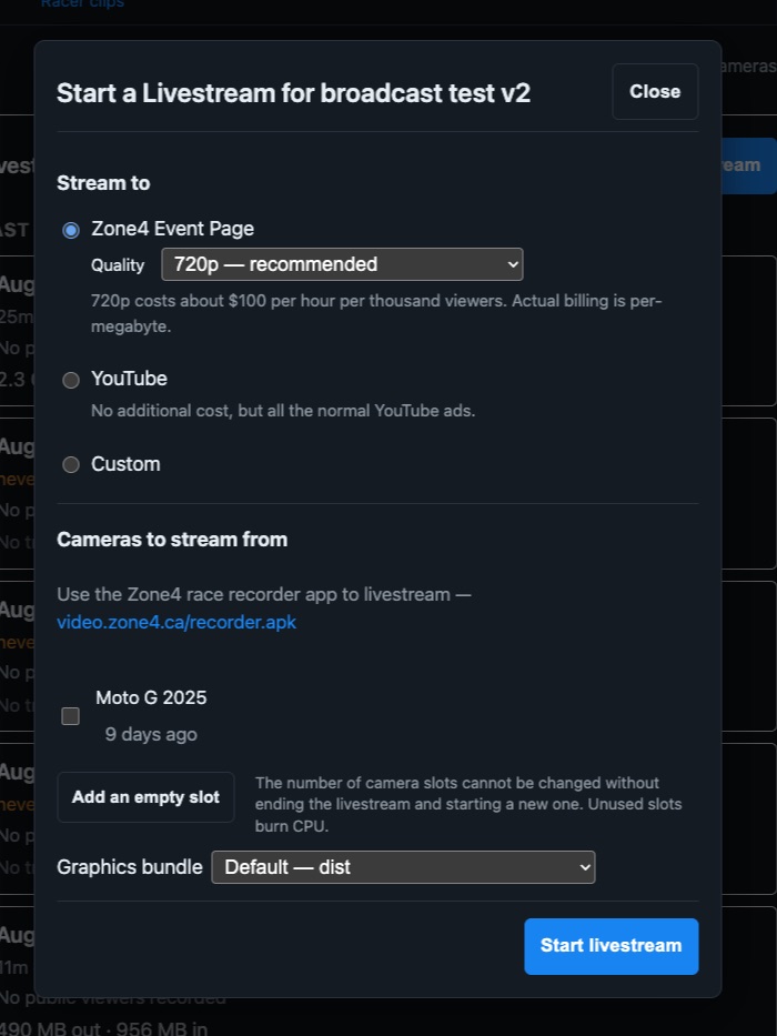 The Start a Livestream dialog: Stream to radios for Zone4 Event Page, YouTube and Custom, a 720p quality menu with its cost note, the camera checklist with one phone listed, Add an empty slot, a graphics bundle menu, and the Start livestream button
