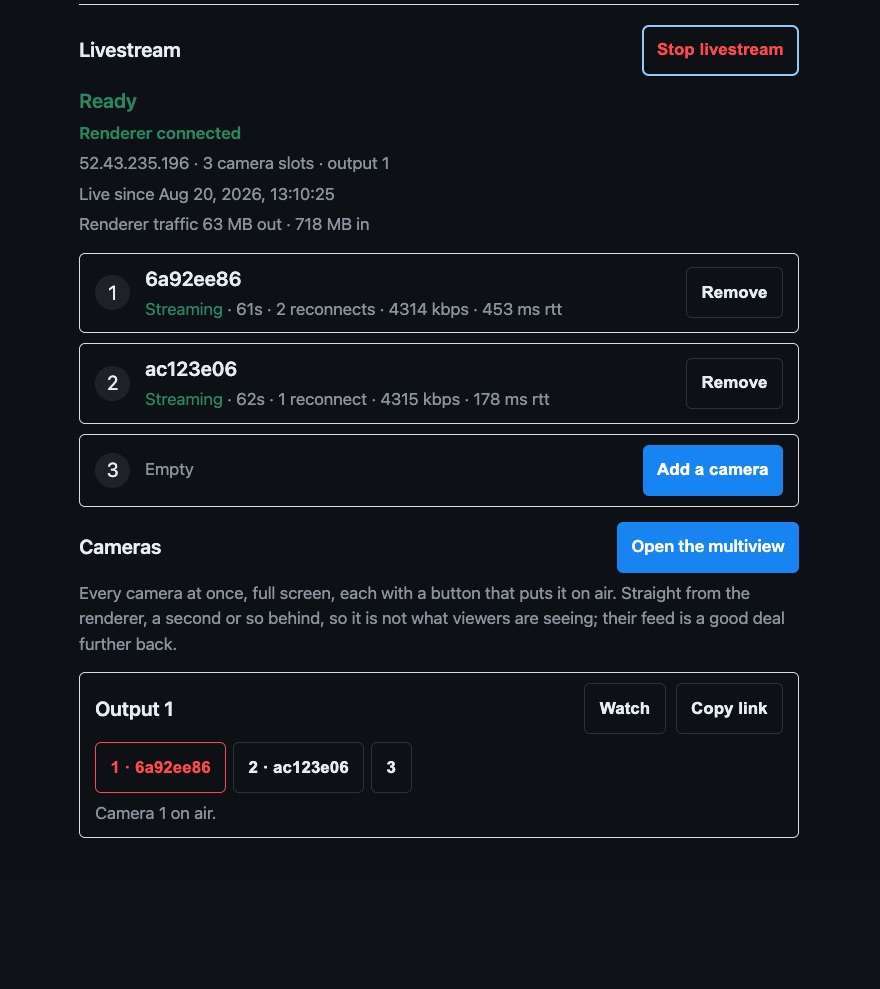 The Livestream panel while live: Ready, Renderer connected, the renderer address with 3 camera slots and output 1, live-since time and renderer traffic totals, two streaming phones each with uptime, reconnect count, bitrate and round-trip time, an empty third slot, and the Output 1 row with camera 1 on air