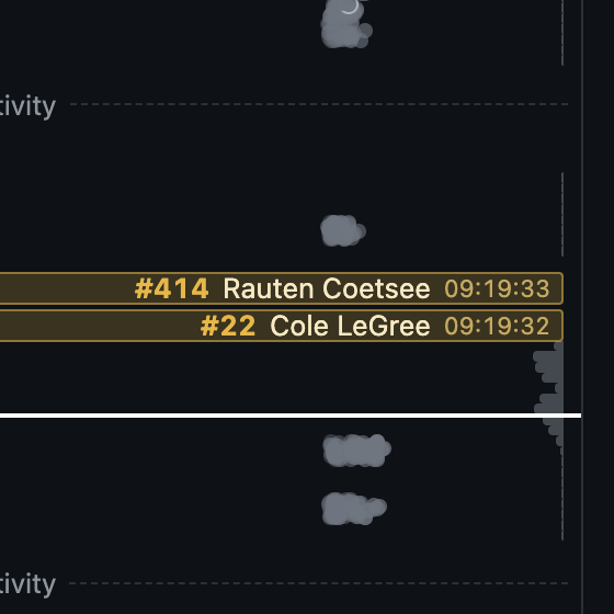 Two amber full-width bars reading #414 Rauten Coetsee 09:19:33 and #22 Cole LeGree 09:19:32