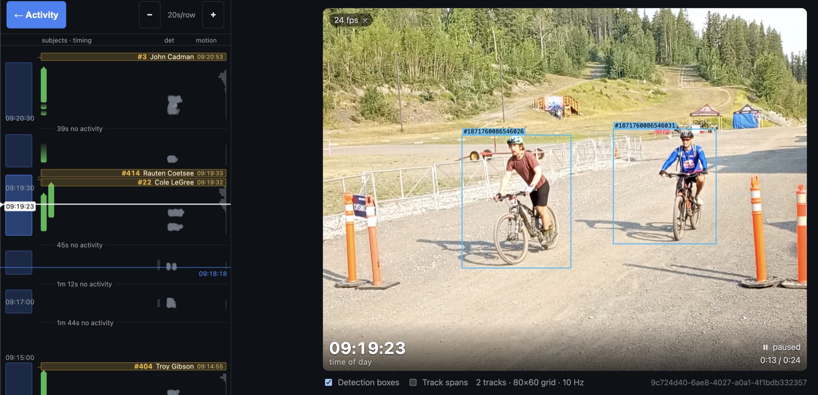 The timeline view: a vertical time axis on the left with clock labels, blue coverage blocks, green subject bars and amber timing bars, and the video player on the right showing two riders with detection boxes