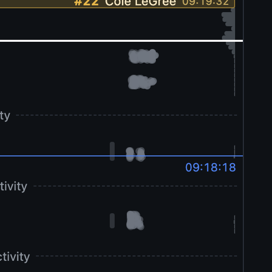 A white horizontal line across the timeline near the top, and a blue line lower down labelled 09:18:18 at its right end