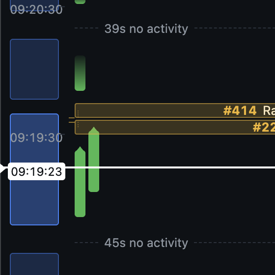 Two green vertical bars side by side, each with a small triangular cap at its top edge, beside the clock column